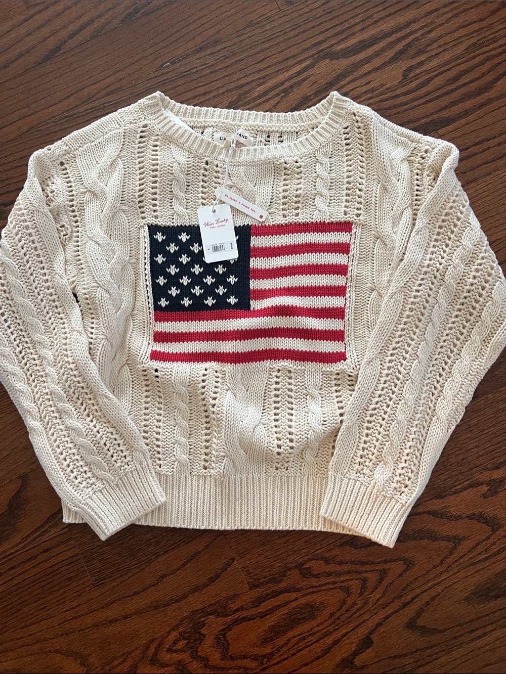 Lucky Brand Cream Cable Knit Crewneck Sweater with Red & Navy Flag Motif